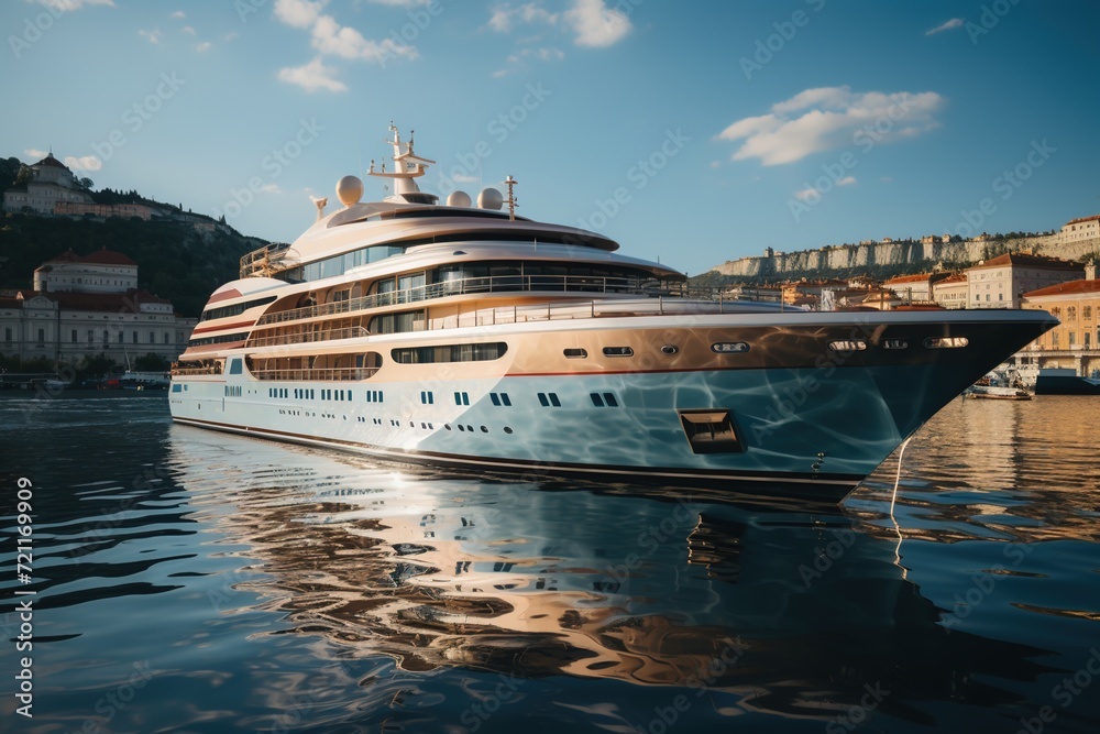 Seafaring Symphony: A Cruise Ship Yacht, Laden with Tourists, Sails Across the Ocean Waters, Transforming the Maritime Landscape Into a Vacation Paradise.