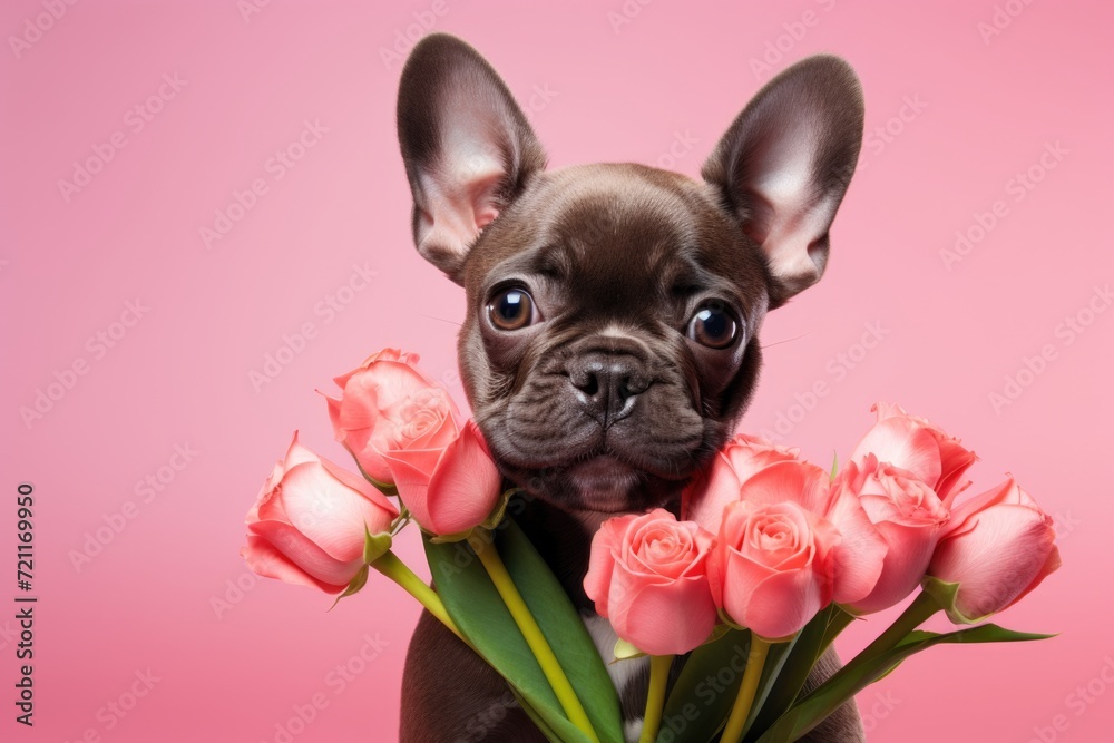 Dog with tulips: Spring card for celebrations.
