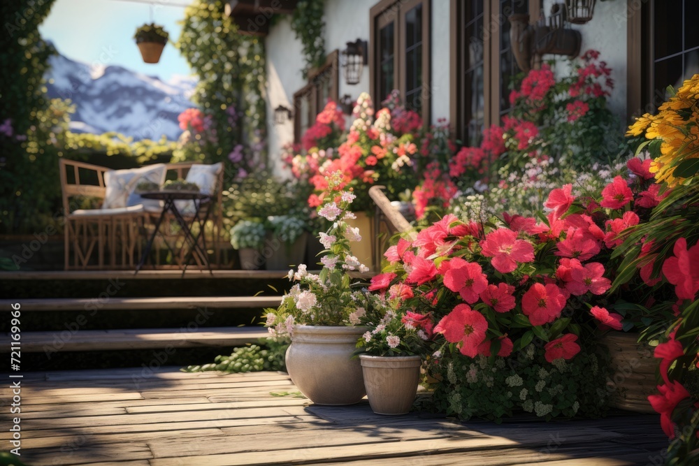 Terrace garden with tools and flowers.