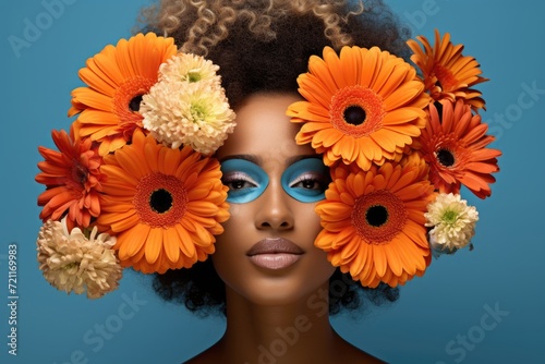 Happy African American woman with flowers, having fun.
