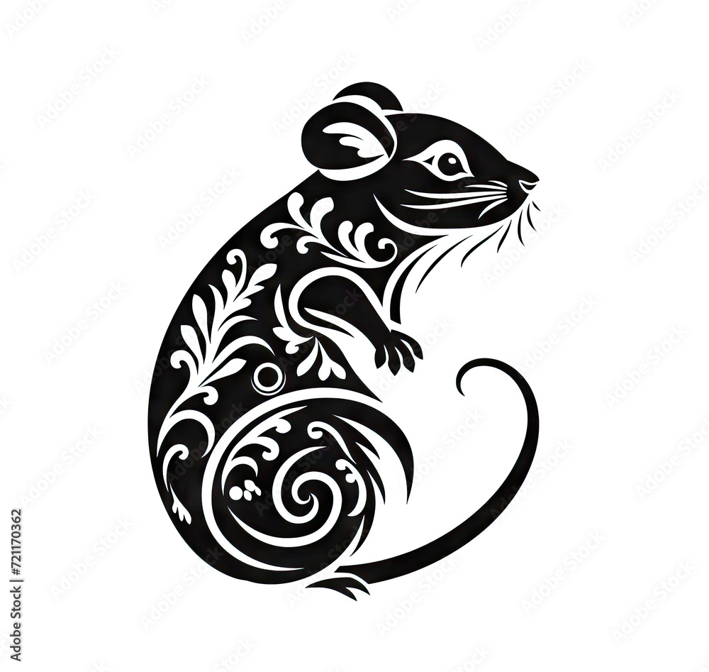 Ornate Rat Icon, Mouse Portrait Isolated, Chinese Horoscope Minimal Rat Symbol on White Ornate Rat Icon, Mouse Portrait Isolated, Chinese Horoscope Minimal Rat Symbol on White