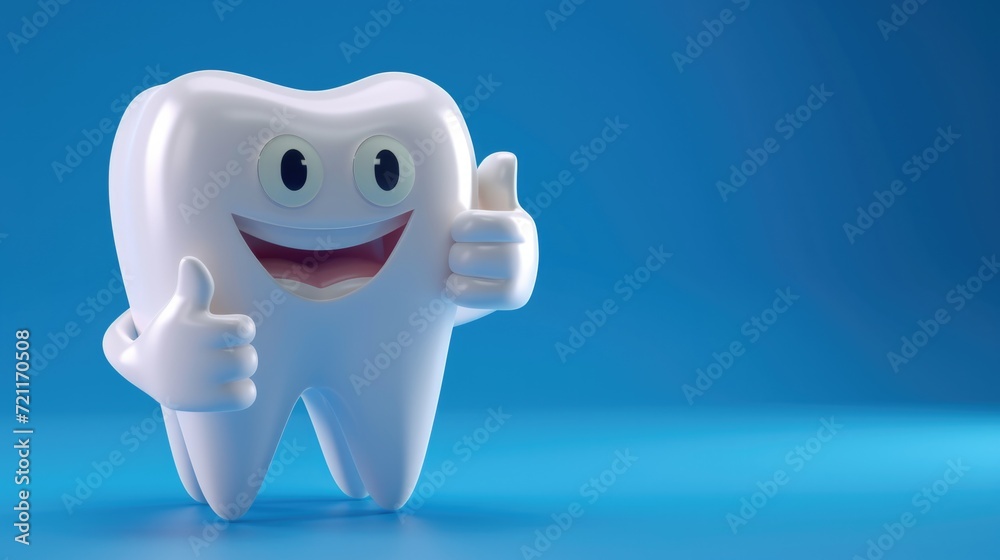 Happy white tooth character giving a thumbs up on blue background