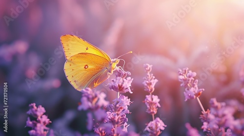 A warm orange butterfly visits lavender flowers, with the gentle light of sunset casting a peaceful glow over the tranquil scene.