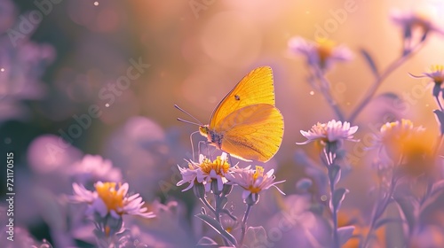 As dawn breaks, a yellow butterfly with gossamer wings alights on a cluster of wild daisies, enveloped in a warm, hazy glow. photo