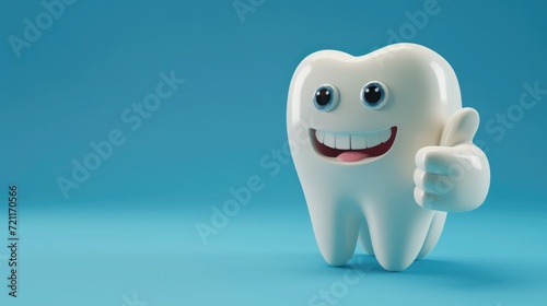 Happy white tooth character giving a thumbs up on blue background