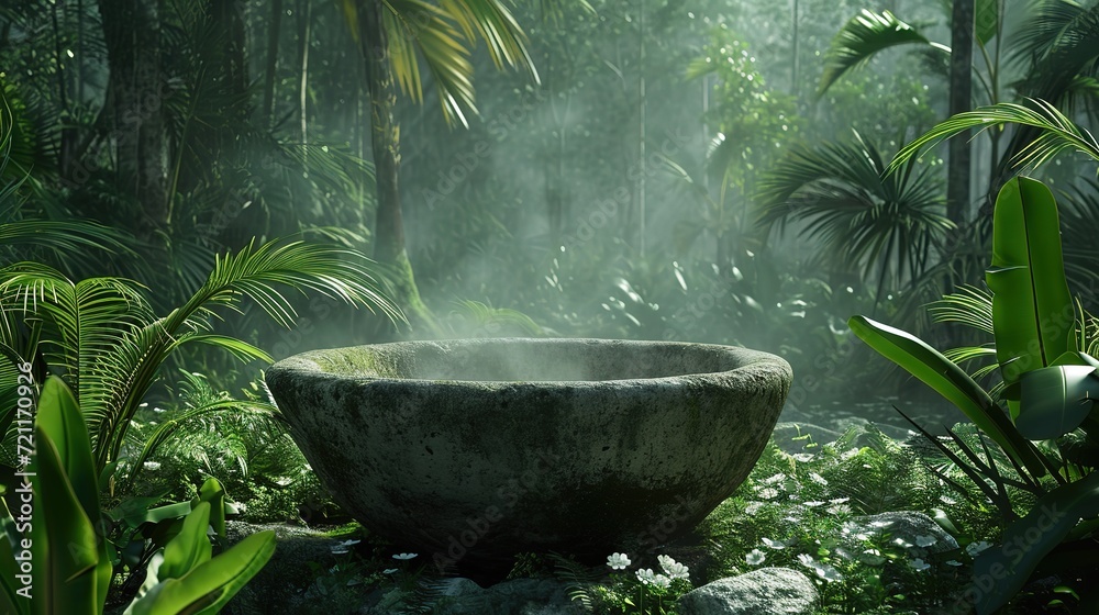 A mystical stone basin covered with moss, nestled amongst verdant tropical foliage in a dense, misty jungle atmosphere. A mystical stone basin covered with moss, nestled amongst verdant tropical foliage in a dense, misty jungle atmosphere.
