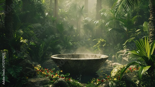 A serene stone hot spring bath nestled among vibrant tropical foliage, with mist rising from the warm water in a dense jungle setting.