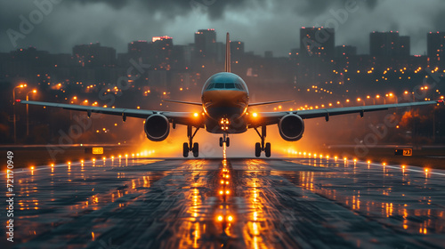 front view of a beautiful airplane taking off at dusk against the background of the city and the runway