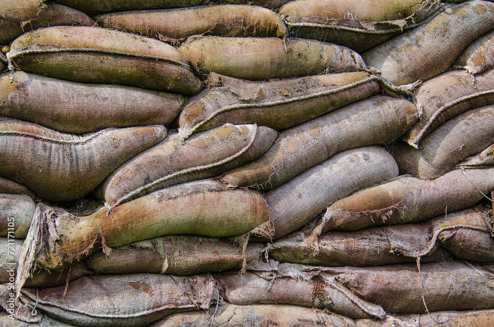 Part of a sandbag wall to prevent the inflow of water during a flood disaster Part of a sandbag wall to prevent the inflow of water during a flood disaster