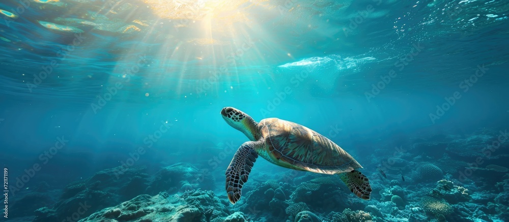 Obraz na płótnie Underwater photography of a swimming turtle and marine life in a blue seascape. w salonie