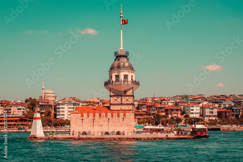 Photography Front view maiden's tower in Istanbul city skyline Turkey islet Bosphorus silhou