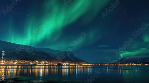 Northern lights over the night city on the seashore