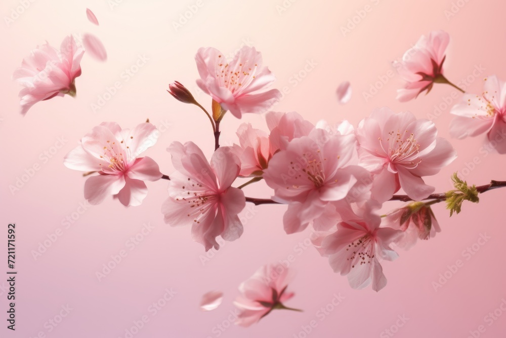 Spring flowers levitating on pink background.