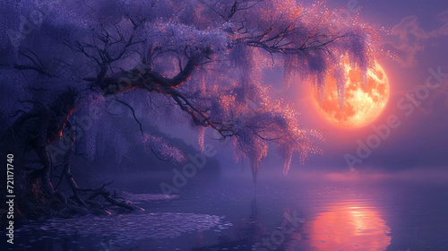 Fantasy Artwork of a Wisteria Tree Lit by a Fiery Full Moon photo