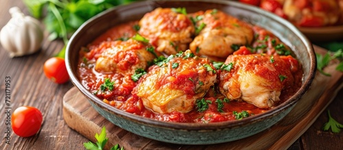 Traditional chicken cacciatore in tomato sauce, seen from the front. photo