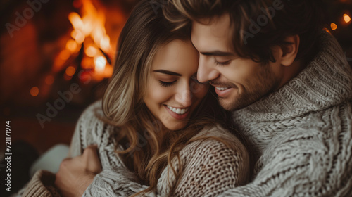 near the fireplace, a beautiful smiling couple in love, a man and a woman in warm knitted sweaters, are tenderly hugging each other, radiating warmth and love