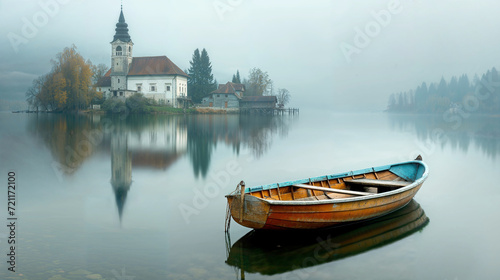barque en bois abandonnée sur un lac, petit ile avec clocher à l'arrière plan photo