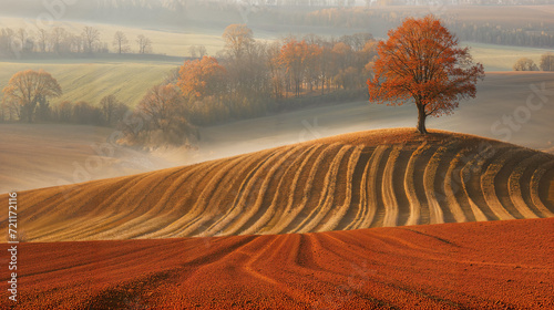 arbre isolé dans un champs labouré en automne, léger brume sur les terres cultivées photo