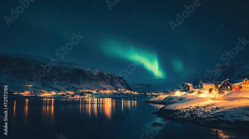 Northern lights over the night city on the seashore