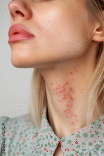 femme ayant une maladie de peau avec éruptions cutané sur le cou photo