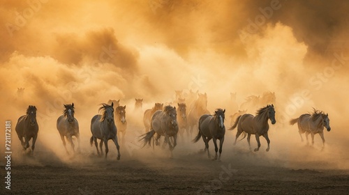 troupeaux de chevaux sauvages courant dans la poussière et le soleil