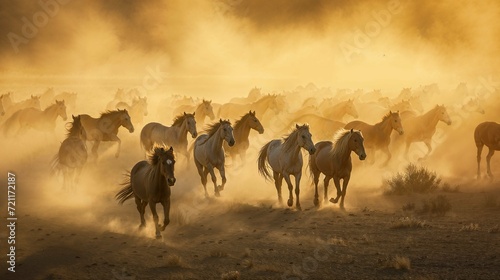 troupeaux de chevaux sauvages courant dans la poussière et le soleil