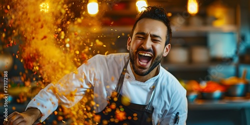 Joyful chef cooking with a fiery flair in a restaurant kitchen. captured enthusiasm, dynamic food preparation. culinary art in action. AI
