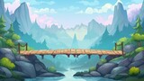 cartoon illustration log bridge between mountains above cliff