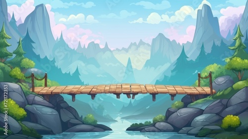 cartoon illustration log bridge between mountains above cliff