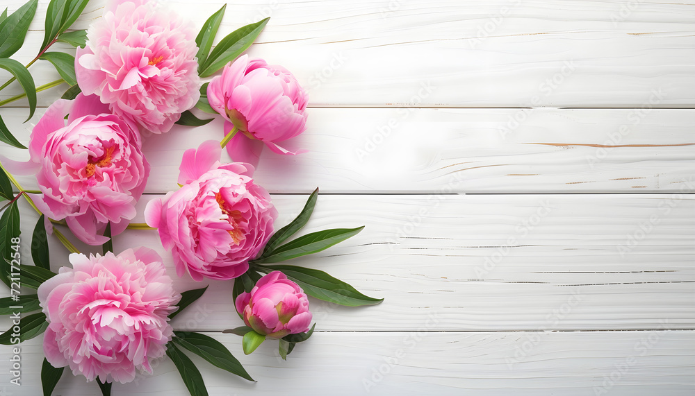 pastel pink peonies on white wooden table background top view pastel pink peonies on white wooden table background top view