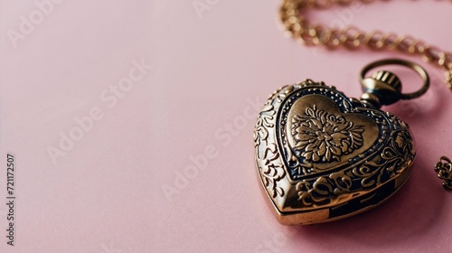 Intricate Golden Heart Shaped Locket on a Pink Surface. Valentine’s Day Background with copy-space. photo