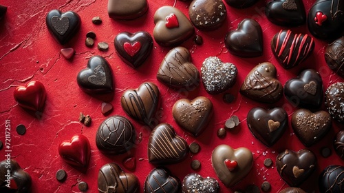 Heart Shaped Chocolates on a Red Surface. Delicious Valentine’s Day Background. photo