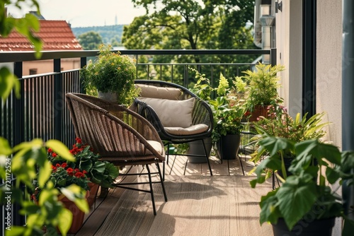 Beautiful balcony with two chair and green potted flowers plants. Cozy relaxing area at home. Sunny stylish balcony in the city, Generative AI