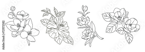 Line drawing floral abstract minimal collection, Black linear set of flower, Hand painted bunch of flowers, Spring floral isolated on white background, Floral illustration for design.