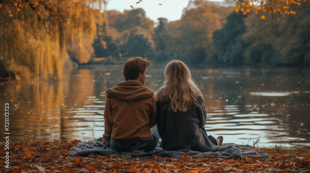 back view of a young couple of a boy and a girl sitting and looking at each other on the birch of a beautiful lake dotted with yellow leaves and a beautiful view of an autumn forest