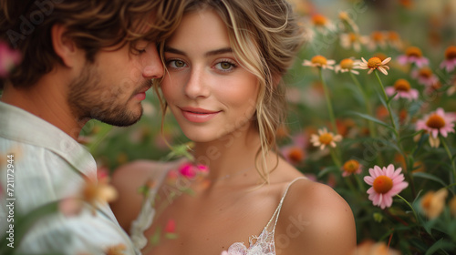 a beautiful young couple where he is leaning against her face and she is looking at the camera around them a lot of field daisies, the atmosphere of light spring young love