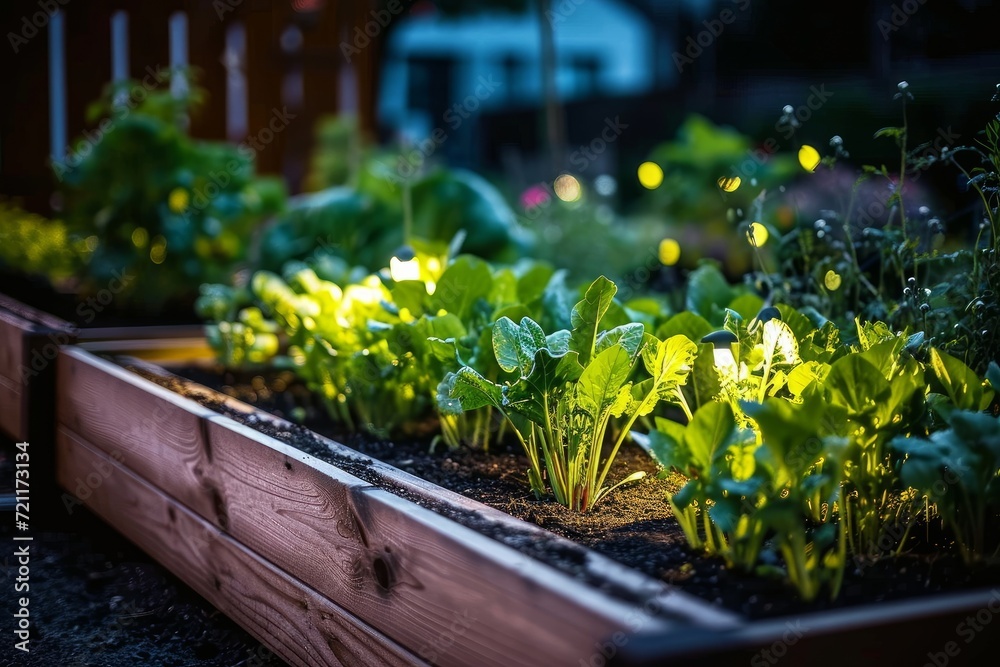 Urban community garden. Fresh vegetable seedlings grow in a raised bed, illuminated at night. Sustainable living lifestyle, Generative AI