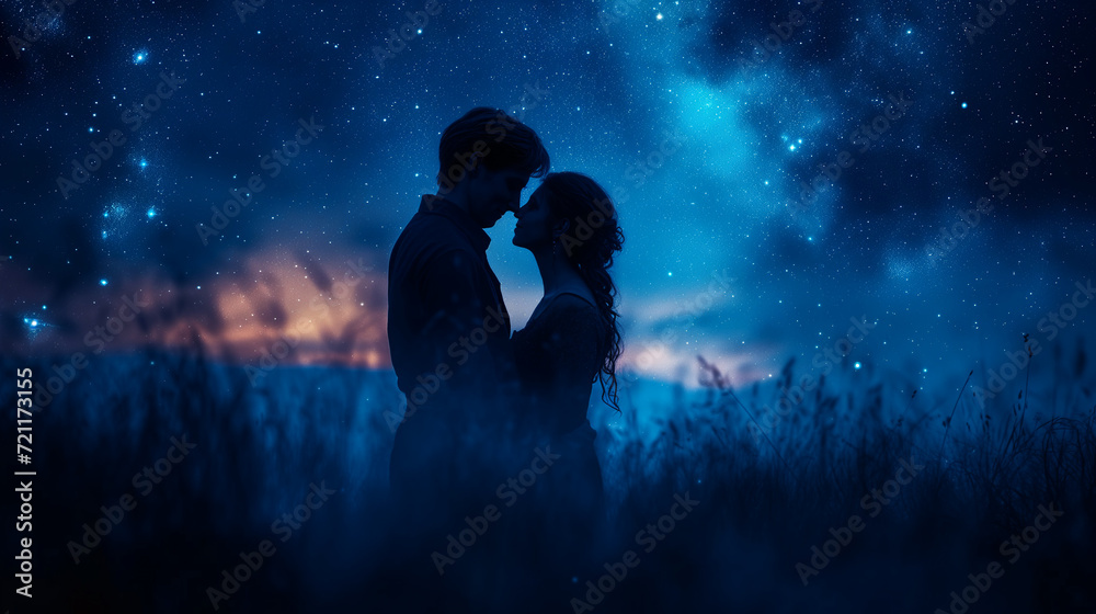 silhouette of a man and a woman who came close for a kiss in the tall grass against the background of a beautiful starry sky