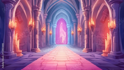 cartoon illustration Long medieval castle corridor with torches. Interior of ancient Palace with stone arch.