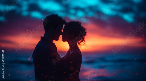 silhouette of a man and a woman who came closer for a kiss against the background of the sea and the sky at sunset