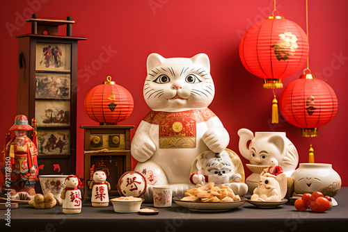 Chinese New Year decoration with lucky cat, lanterns and gold ingots