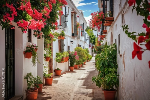 Picturesque narrow street in Spanish city old town. Typical traditional whitewashed houses with blooming plants  flowers  cobbled street in a small cozy town in  Generative AI