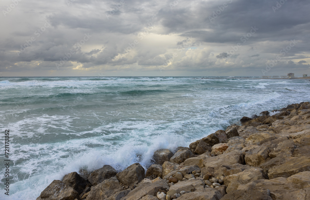 Dramatic sea view with storm clouds in Haifa