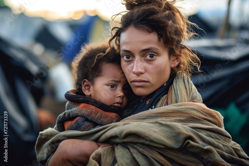 Young homeless woman holds baby in her arms. Refugee camp, place of temporary refuge, integration of migrants and immigrants, Generative AI photo