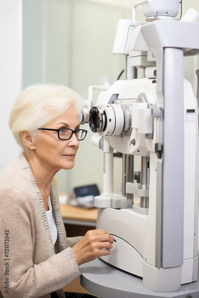 Senior woman visiting the ophthalmologist for an eye exam using the phoropter machine during eye care appointment. Person is having vision test at the optical store. Optical diagnostic consultation. Senior woman visiting the ophthalmologist for an eye exam using the phoropter machine during eye care appointment. Person is having vision test at the optical store. Optical diagnostic consultation.