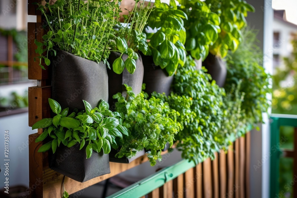 Balcony herb garden concept. Modern vertical lush herb garden planter bags hanging on city apartment balcony wall, with planter boxes pots of mint, rosemary thyme growing in urban, Generative AI - obrazy, fototapety, plakaty 