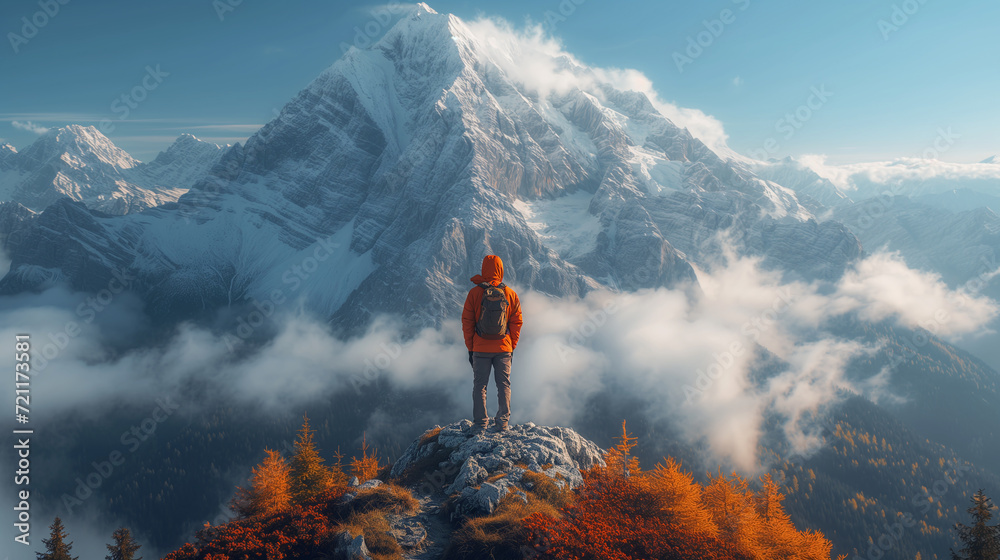 a man with a backpack stands on top of a mountain at the level of the clouds and looks mesmerized at an even larger and more beautiful rocky snow-covered mountain with a sharp peak that indicates its 