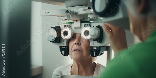 Senior woman visiting the ophthalmologist for an eye exam using the phoropter machine during eye care appointment. Person is having vision test at the optical store. Optical diagnostic consultation.