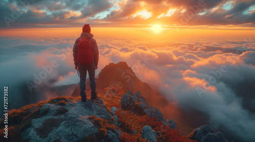 a person with a backpack on the top of a mountain above the clouds that stretch all the way to the horizon where the sun rises, giving a beautiful color to the sky © MYKHAILO KUSHEI