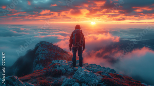 a person with a backpack on the top of a mountain above the clouds that stretch all the way to the horizon where the sun rises, giving a beautiful color to the sky